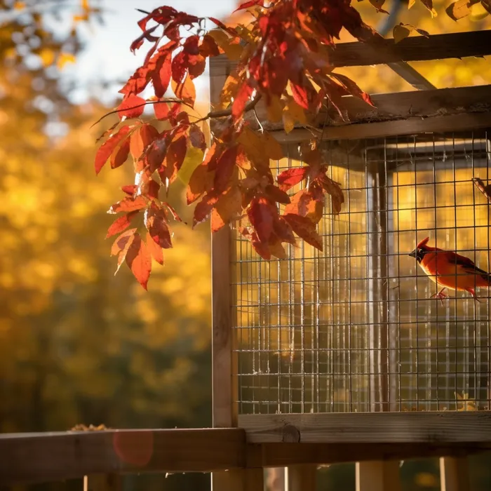 秋天笼子小鸟阳光落叶摄影图(3072x3072)