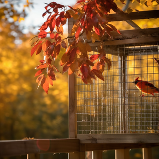 秋天笼子小鸟阳光落叶摄影图