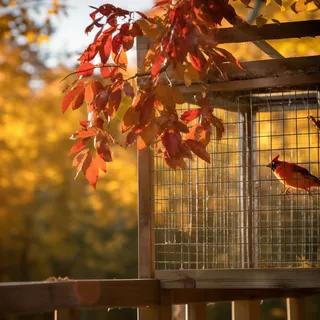 秋天笼子小鸟阳光落叶摄影图