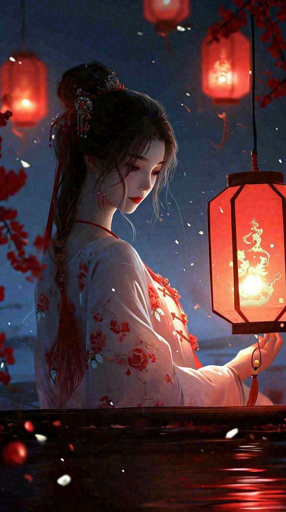 古风夜晚湖边少女灯笼意境水面