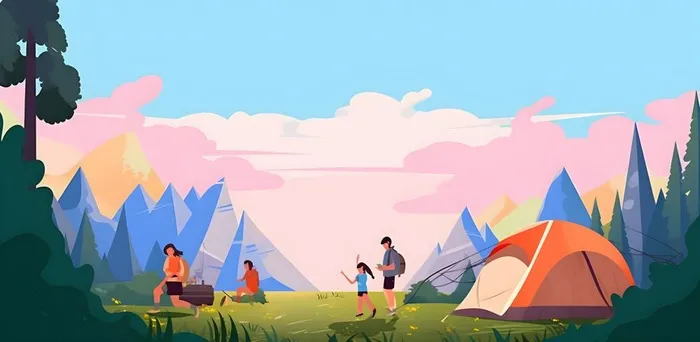 户外野外森林草原露营人们卡通插画背景(3600x1761)