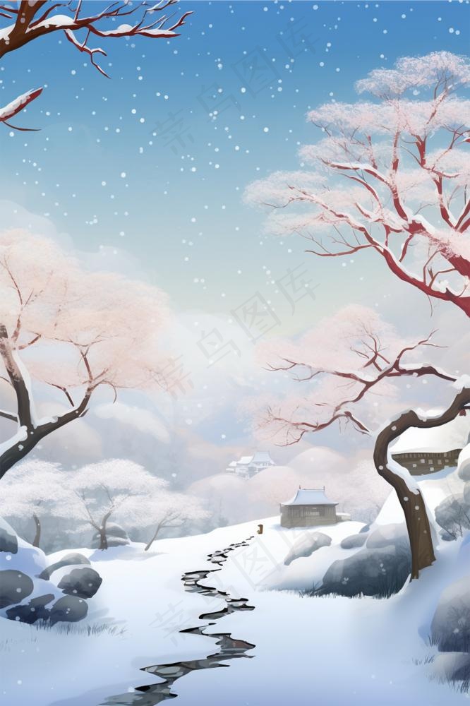 大雪雪景唯美雪路树枝节气海报背景