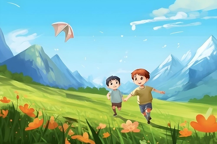 儿童孩子们大自然草原森林游玩卡通背景