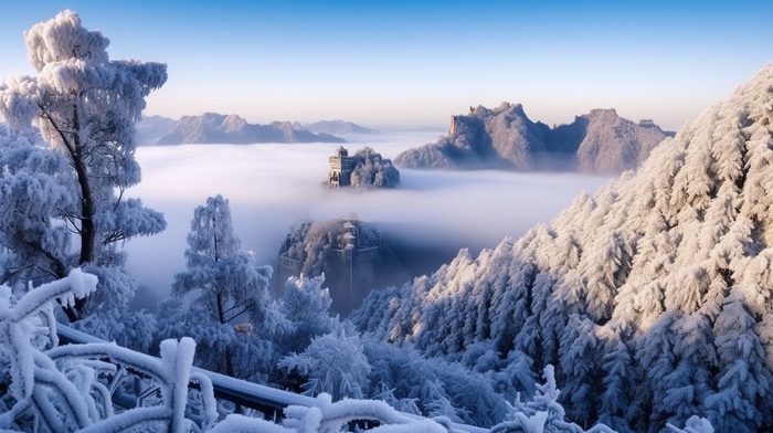 冬季清晨张家界的雾凇白雪和雾气风光摄影图(4368x2448)