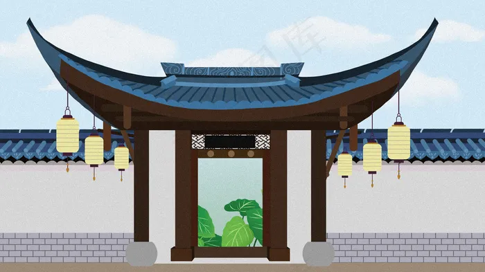 古风建筑插画psd模版下载
