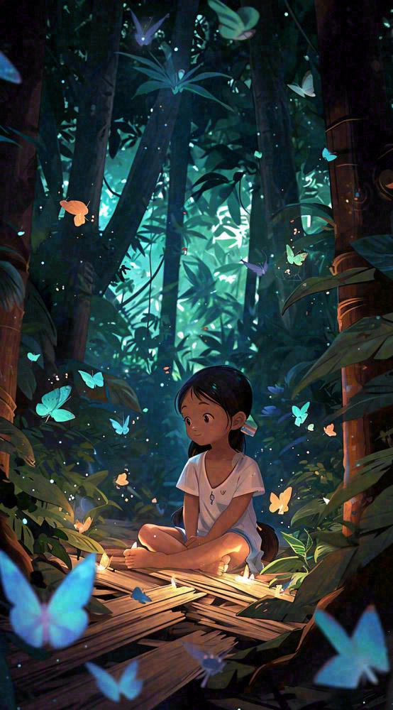 森林意境儿童少女灯光蝴蝶手绘插画，丛林树木