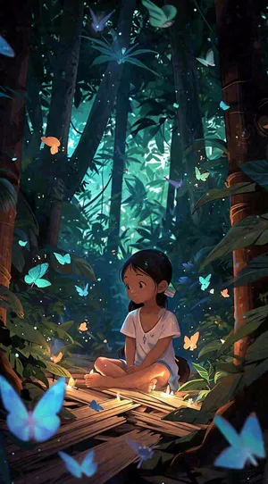 森林意境儿童少女灯光蝴蝶手绘插画，丛林树木