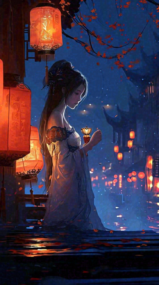 古风夜晚湖边少女灯笼意境水面