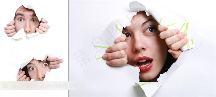 被撕开露出人物表情白纸高清图片素材