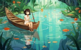 湖泊划船女孩山水风景背景