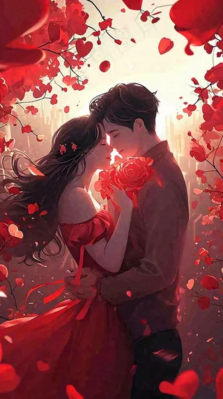 情人节情侣爱情红色爱心玫瑰，亲吻520心形