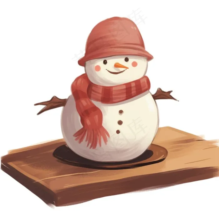 木板上的雪人帽子围巾卡通插画(1024x1040)