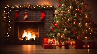 圣诞节室内装饰圣诞树壁炉礼物摄影图