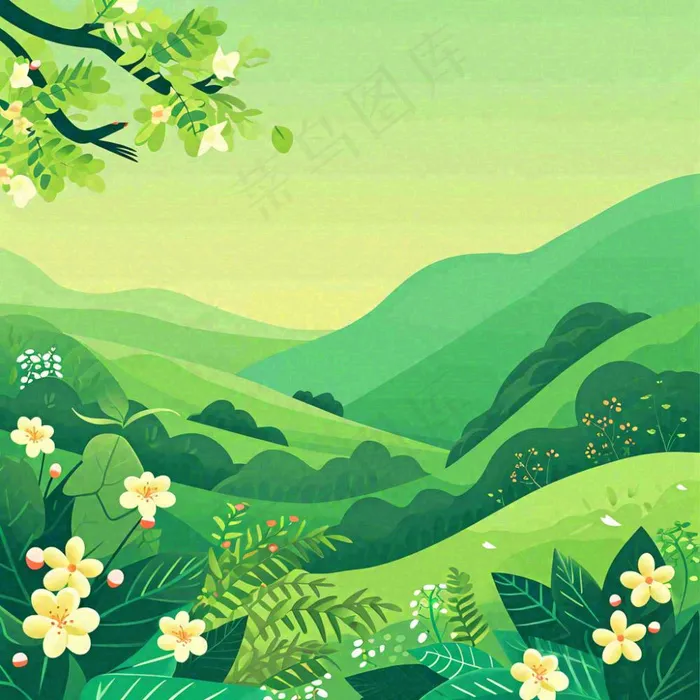 春天绿色扁平山脉绿植花草手绘，立夏春分(1024x1024)