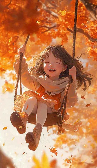 秋天浪漫秋叶儿童少女荡秋千插画，秋分
