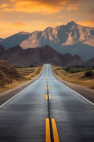 一条通往远方的公路远处是山峰摄影图