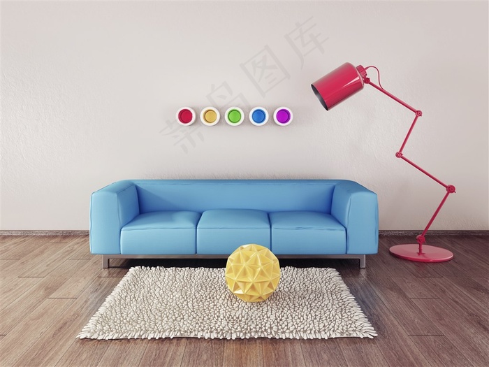 蓝色沙发与红色落地等摄影高清图片