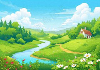 春日旅行草坪草丛花朵河流小溪野外郊游插画，春分