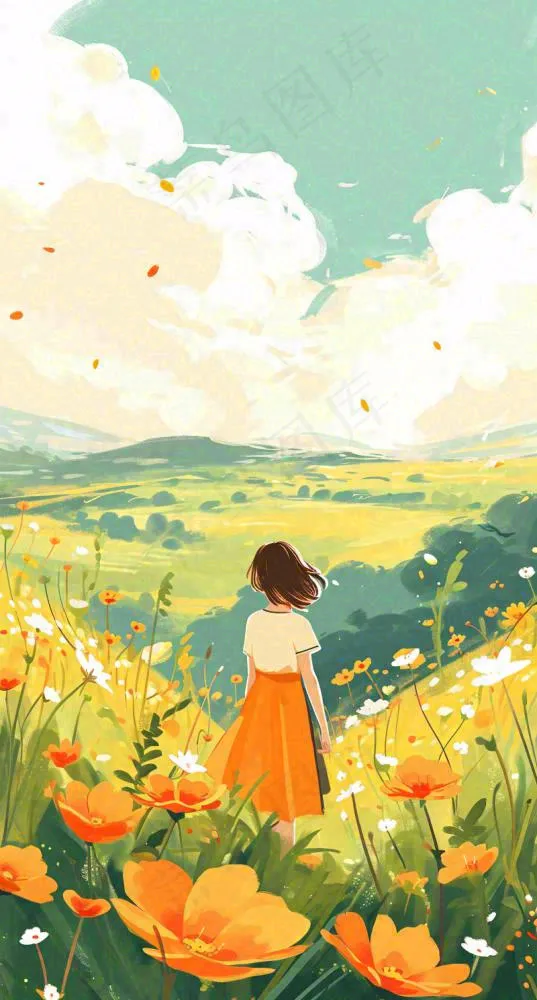 春日浪漫山脉鲜花草坪里的女孩，油画手绘插画，春分(800x1488)