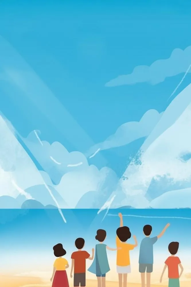 海边游玩人群清新海报背景