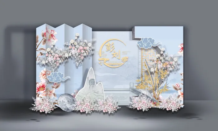 蓝色新中式婚礼效果psd模版下载