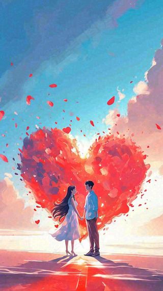 情人节浪漫情人爱心落日蓝天唯美，情侣亲吻爱情，卡通手绘插画