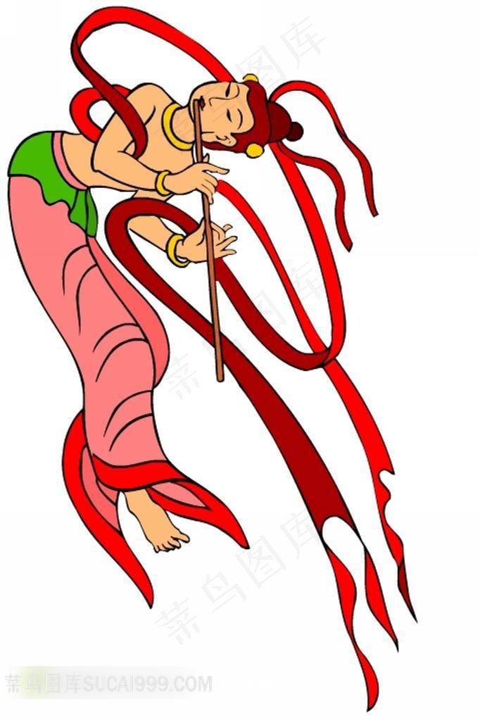 吹笛子的飞天卡通插画素材
