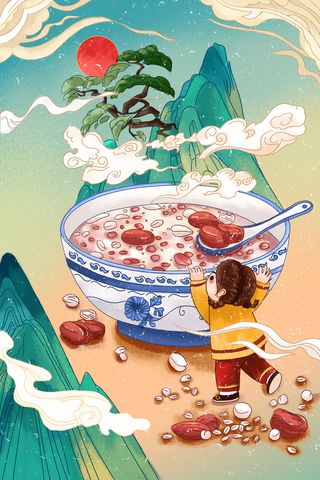 中国传统节日手绘卡通腊八节腊八粥插画海报PSD格式设计素材