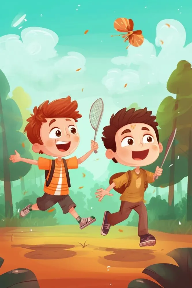 男孩森林草地玩耍插画背景(896x1344)