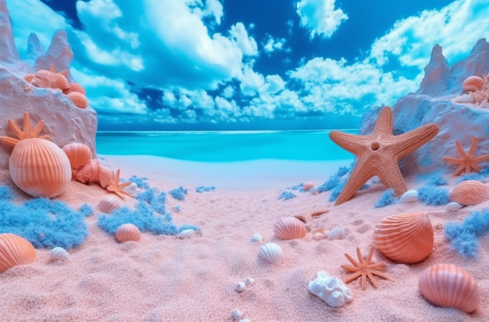 蓝色热带海滩岛屿上的沙子、贝壳、星星、大海和天空的舞台背景(5440x3584)