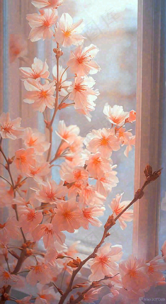 春天窗台粉色渐变鲜花，枝叶，春节立春(816x1488)