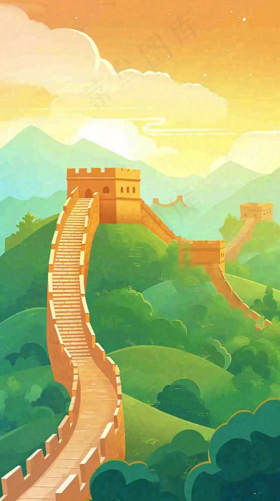 万里长城中国历史建筑扁平插画手绘，简约大气中国风(816x1456)
