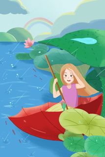 女孩划船夏至插画蓝绿色旅游