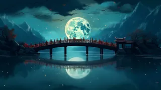 夜晚月亮河流上的拱桥摄影图