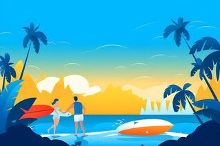 夏日海边海浪冲浪人物蓝色插画背景