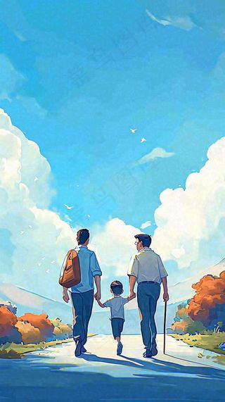 蓝天白云下父亲牵着手，父爱背影亲情伟大感恩