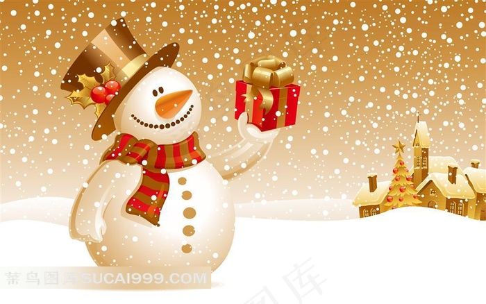 精美手绘圣诞雪人房子雪景素材