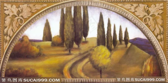 唯美水彩树林道路风景画