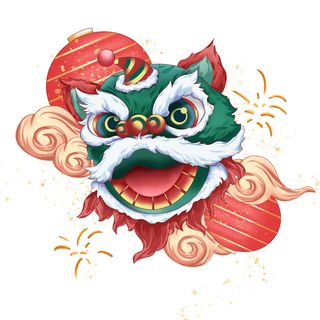 新年春节虎年元宵手绘人物舞狮卡通狮子头插画元素PSD设计素材