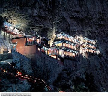 北岳恒山悬空寺灯光夜景图片