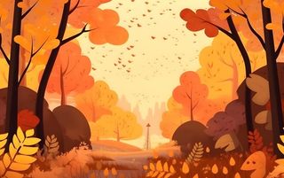 秋季森林树木金黄落叶背景