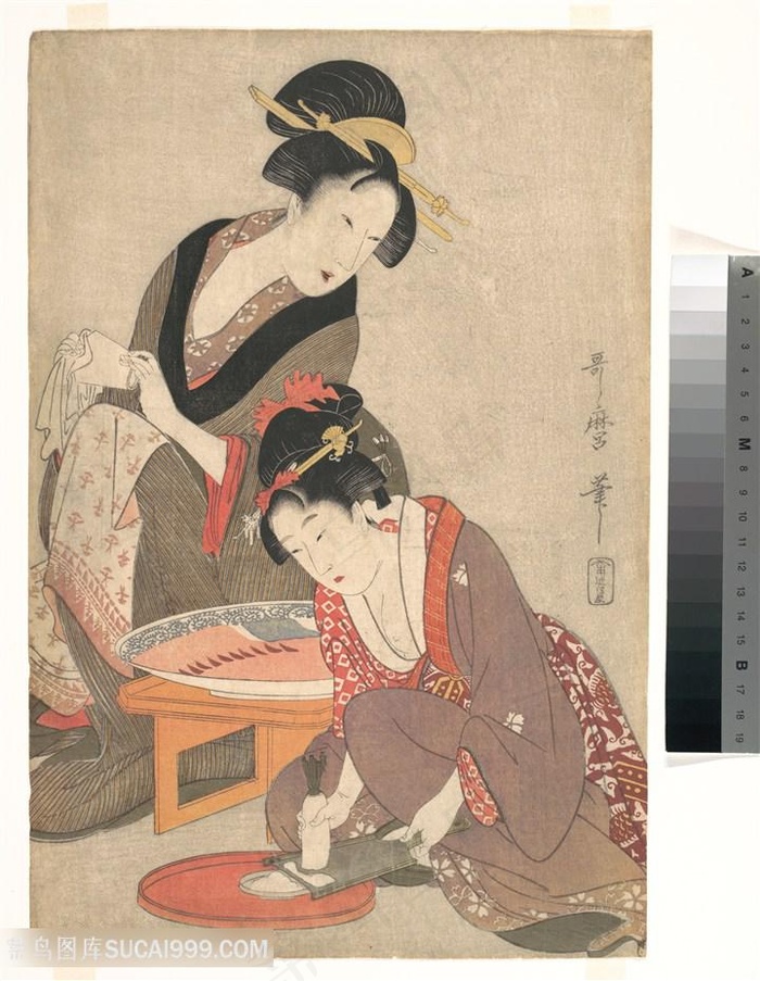 喜多川歌磨作品日式磨墨装饰画