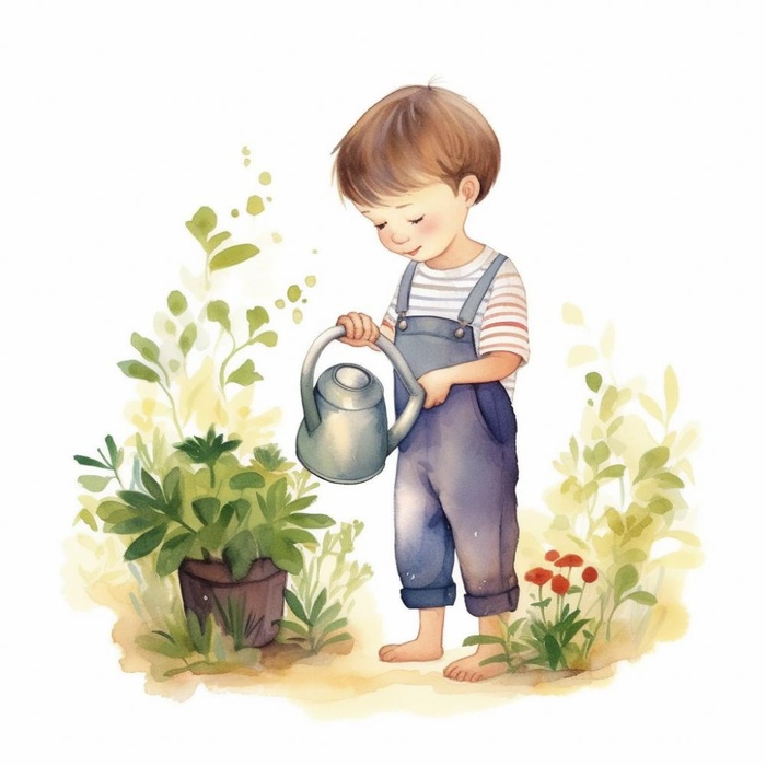 春夏小男孩在给绿植植物浇水插画海报素材背景(1024x1024)