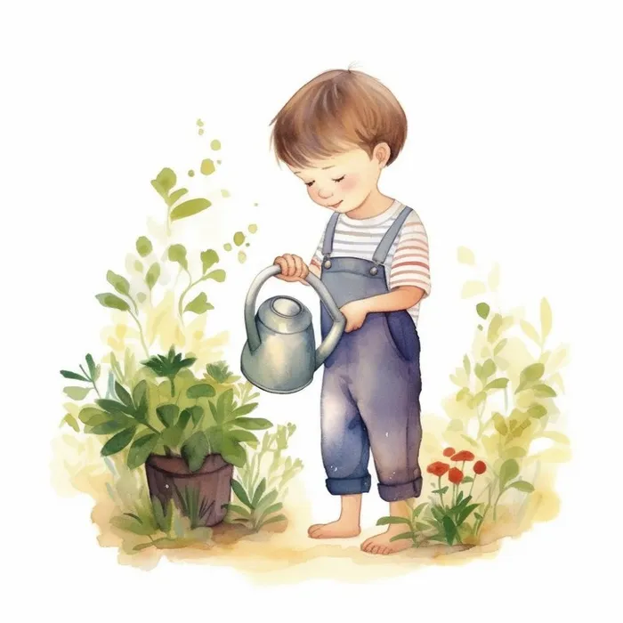 春夏小男孩在给绿植植物浇水插画海报素材背景(1024x1024)