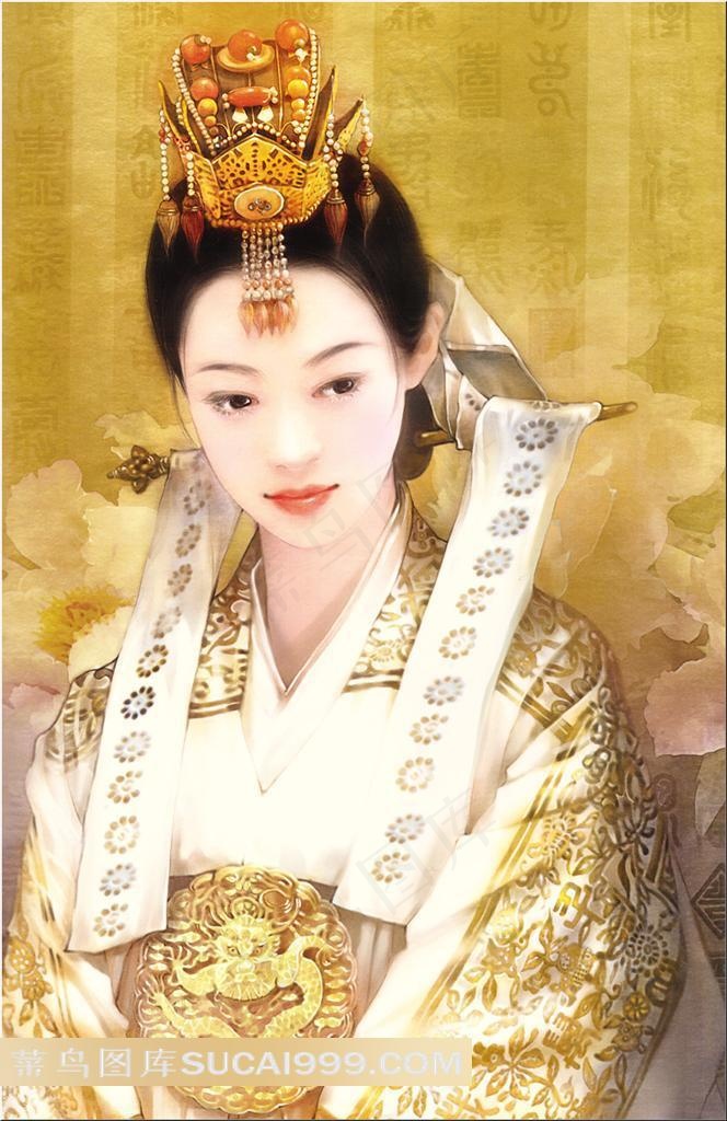 德珍手绘古典戴金饰穿华服的美人