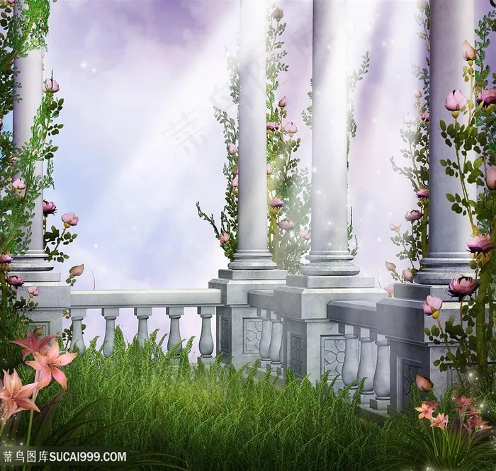 罗马柱草地画意背景图