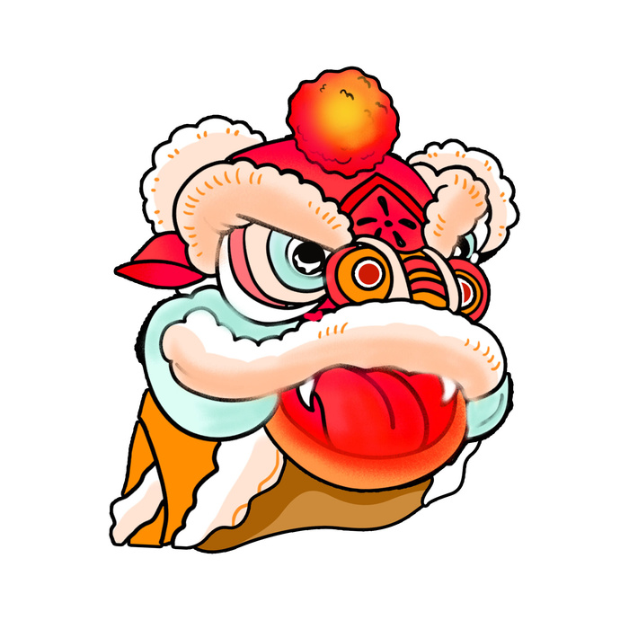 新年春节虎年元宵手绘人物舞狮卡通狮子头插画元素PSD设计素材