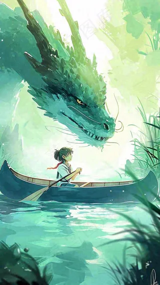 古风河面龙传统手绘插画，中国风漫画