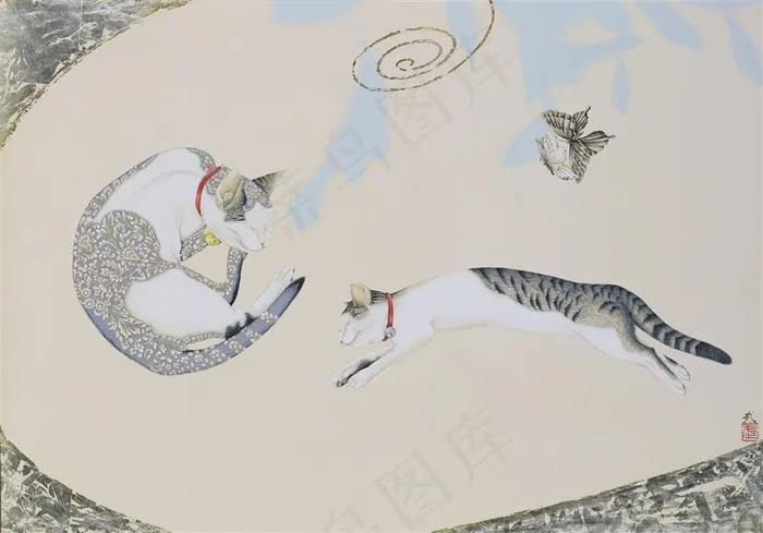 沉睡的猫和跳跃的猫装饰画背景高清图片