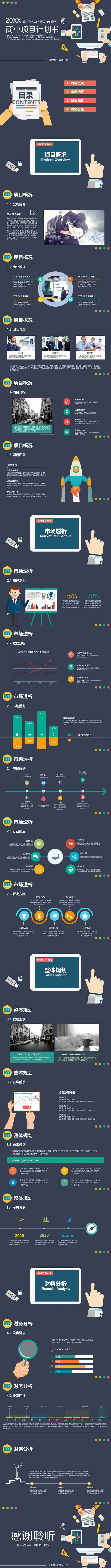 彩色矢量扁平化办公背景的商业计划书PPT模板